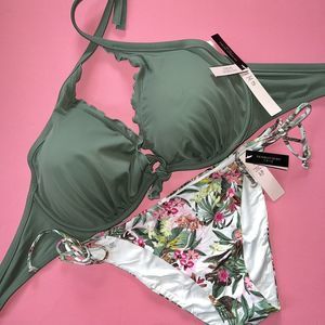 Victoria's Secret 36DD BIKINI M,XXL bottom OLIVE GREEN BLACK pink PALM orchid